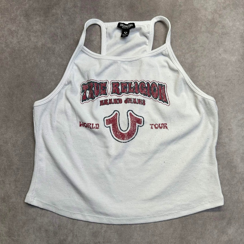 True Religion Womens XL White Ribbed World Tour Graphic Racerback Tank Top Y2K